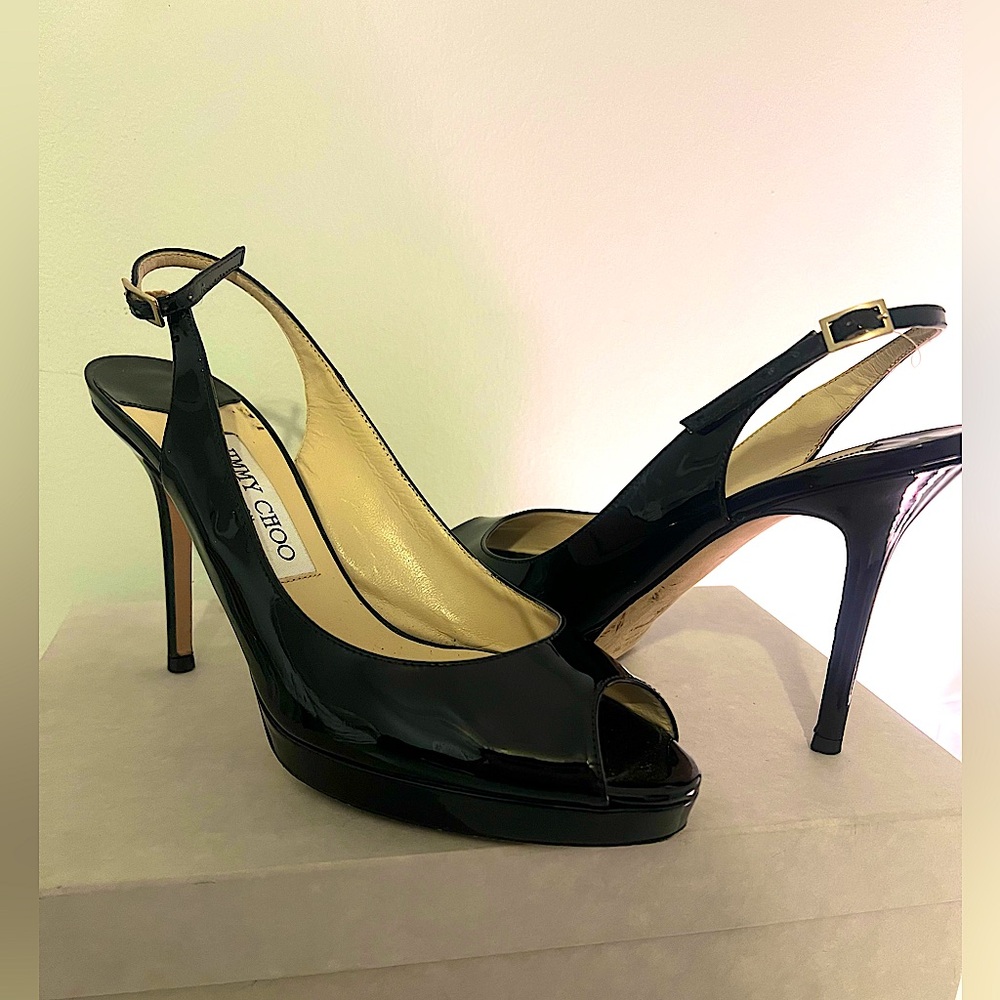 JIMMY CHOO Nova Black Patent Leather Slingback Peep Toe Pump